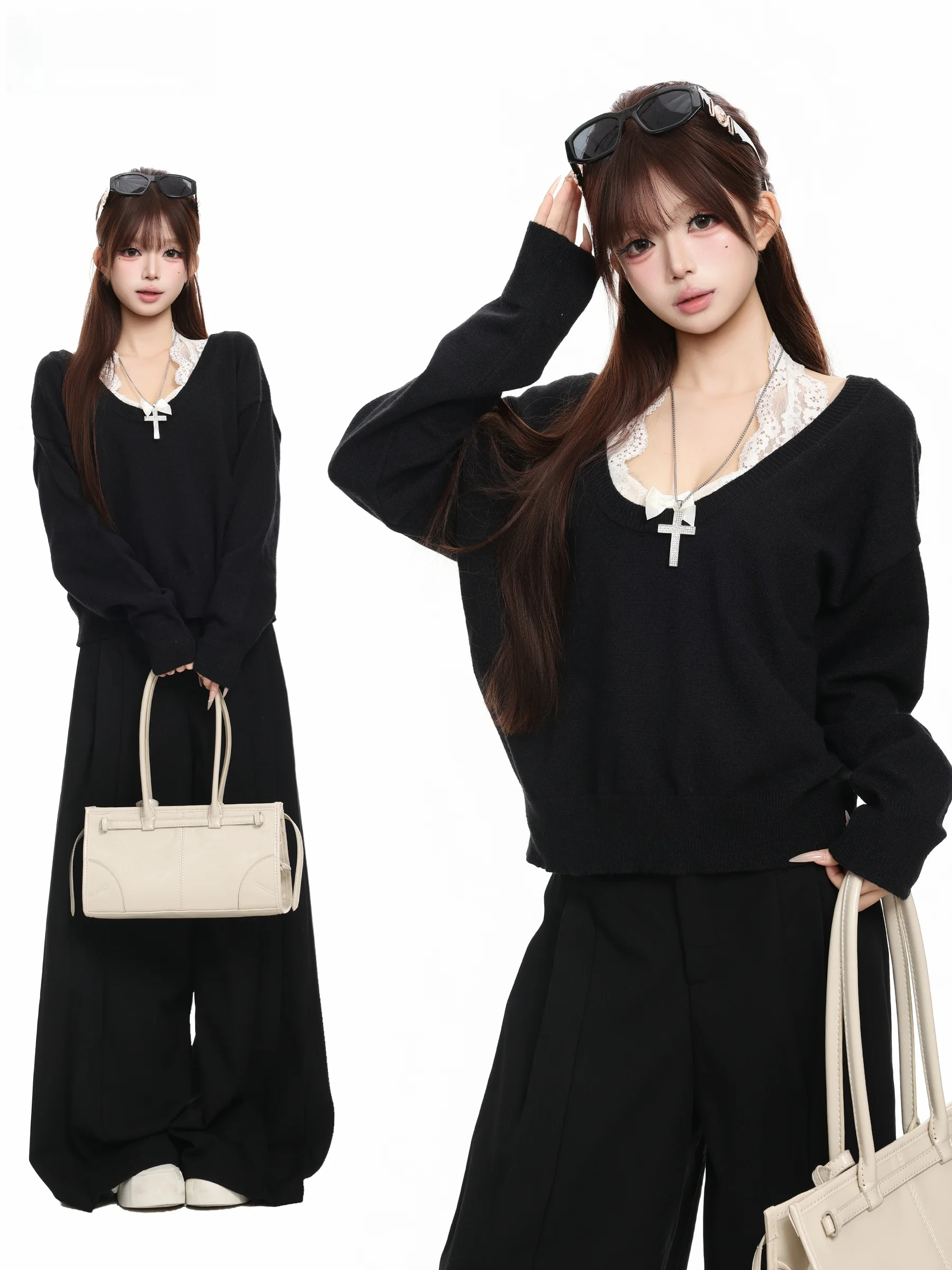 BASTERDS Korean Loose Feel Set V-neck Long Sleeve Knitted Top Women's Wide Leg Long Pants Two-piece Set Autumn Fashion