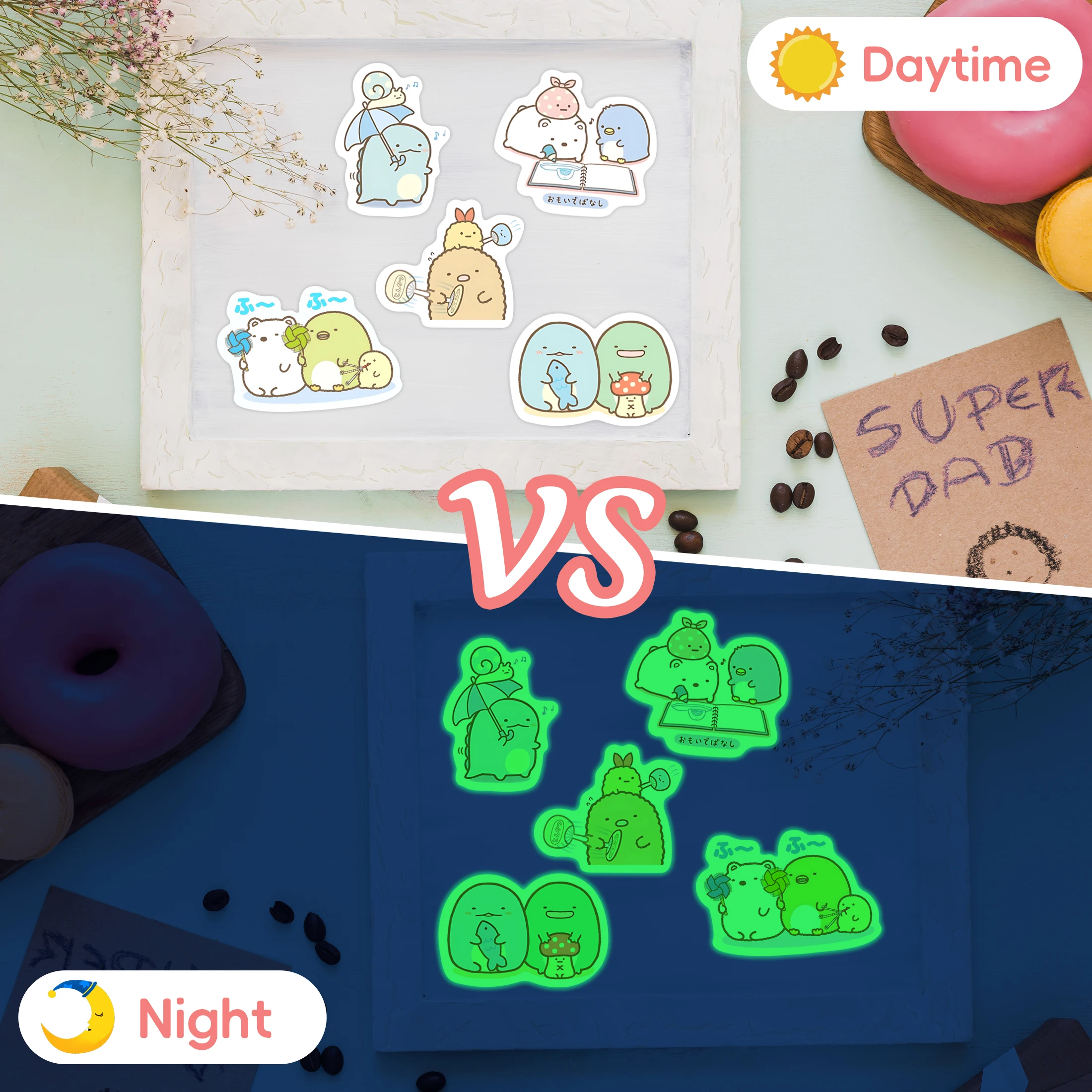 60Pcs Kawaii Cute Cartoon Sumikko Gurashi Glow in the Dark Stickers Skateboard Laptop Luggage Bike Motorcycle Waterproof Decals