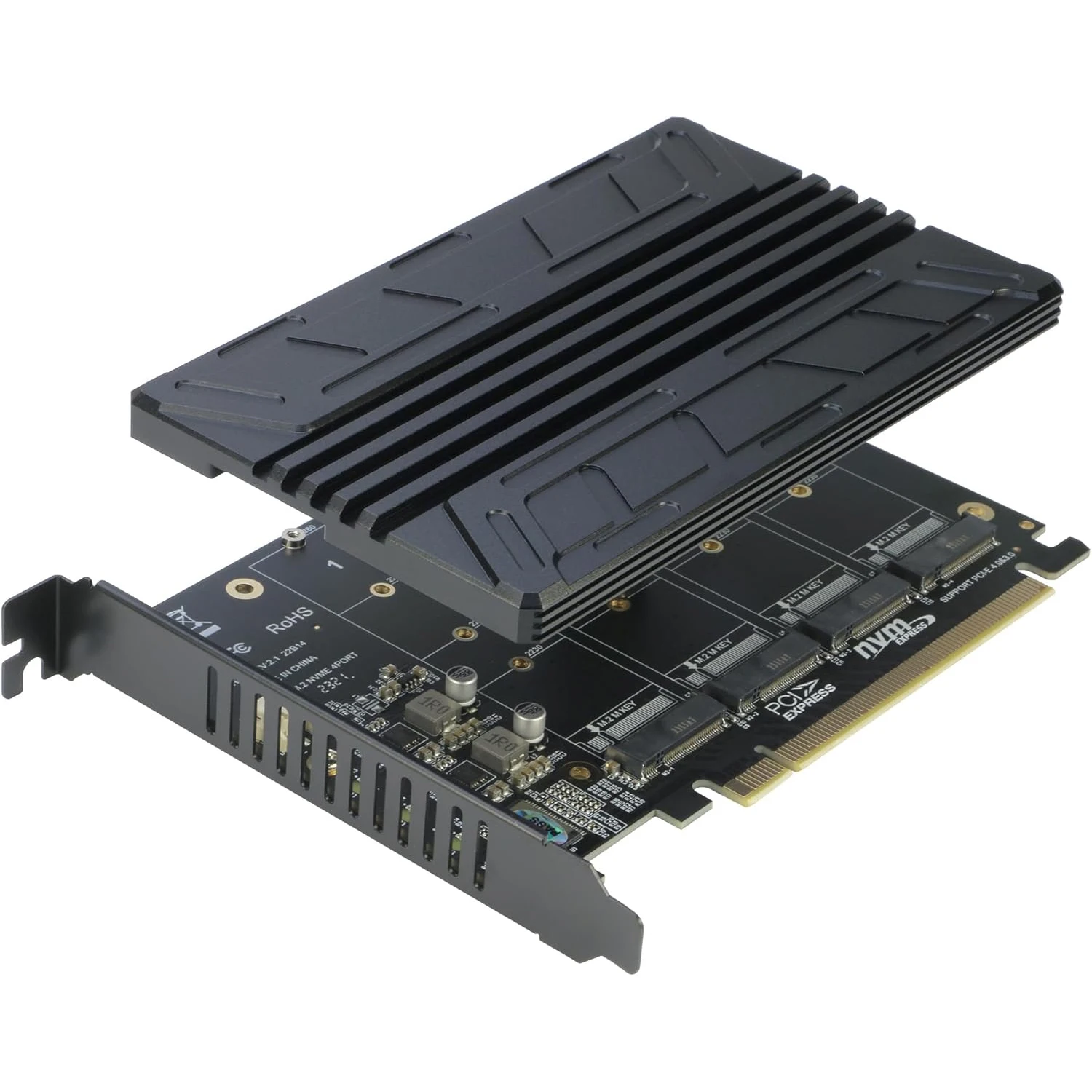NVMe PCIe Adapter, RIITOP 4-Port NVMe to PCI-e 4.0/3.0 X16 Expand Controller Card with Heatsink for 2280/2260/2242/2230 M.2 SSD