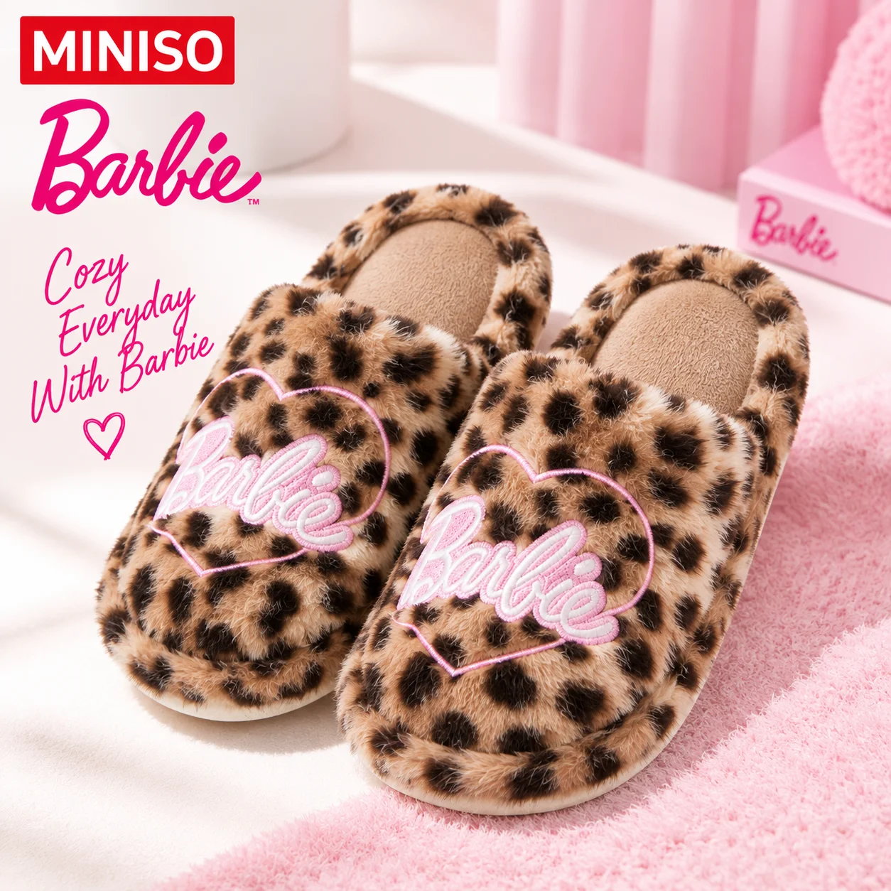 MINISO Barbie Leopard Print Plush Slippers Soft Warm Fuzzy House Shoes Cozy Indoor Non Slip Winter Bedroom Slippers for Women