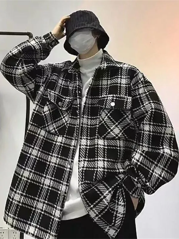 

Extra Large Size 300 Pou Hong Kong Sle Retro Plaid Woolen irt Jaet Men's Spring Autumn Loose Versatile Men's irt