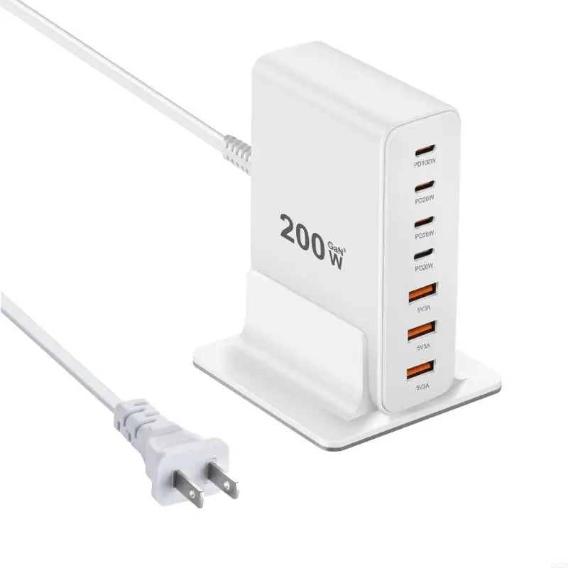 

USB Charging Power Adapter 7 Port USB Type C PD Fast Chargers Block Brick Hub Multiple Devices 200W Charging Station K92C
