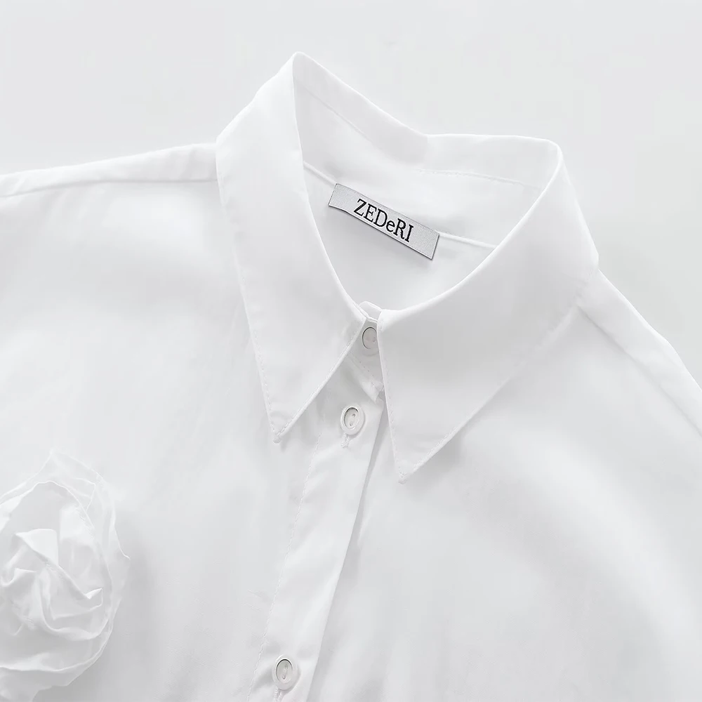 The Fresh Morning Air Loose Pure White Polo Collar Stereoscopic Flower Design Single Breasted Long Sleeves Women Shirt ZATAR New