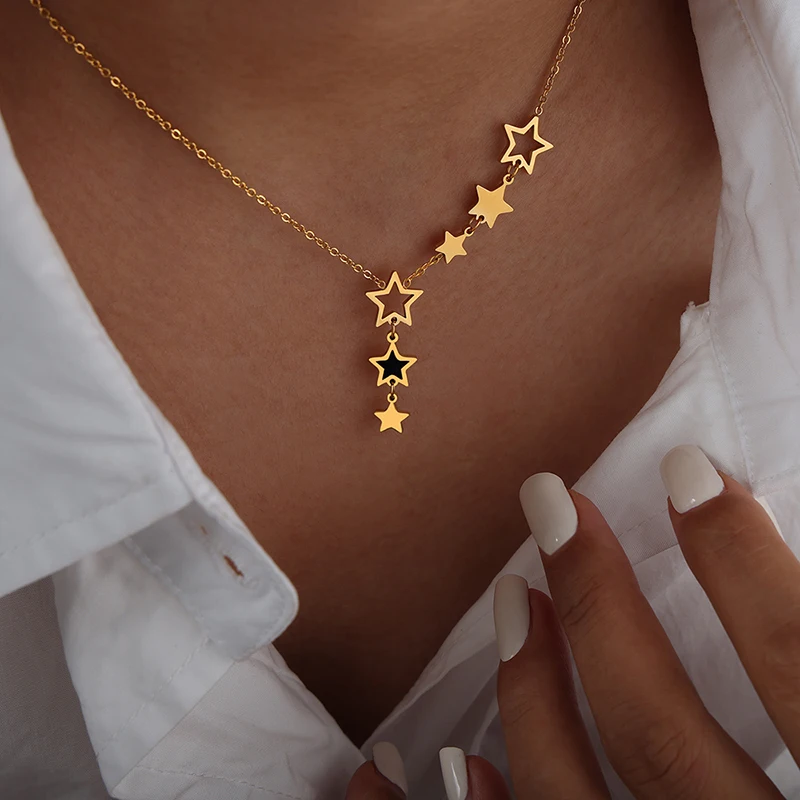 Trendy Star Pendant Necklace for Women High Quality Stainless Steel Gold Plated Chain Black Acrylic Fashion Jewelry Accesories