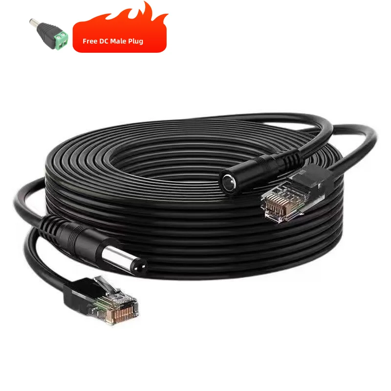 5-50m Outdoor 8-Core Ethernet Power Cable 8P+2C PoE Network and Power Extension for CCTV IP Cameras Durable with DC Male Plug