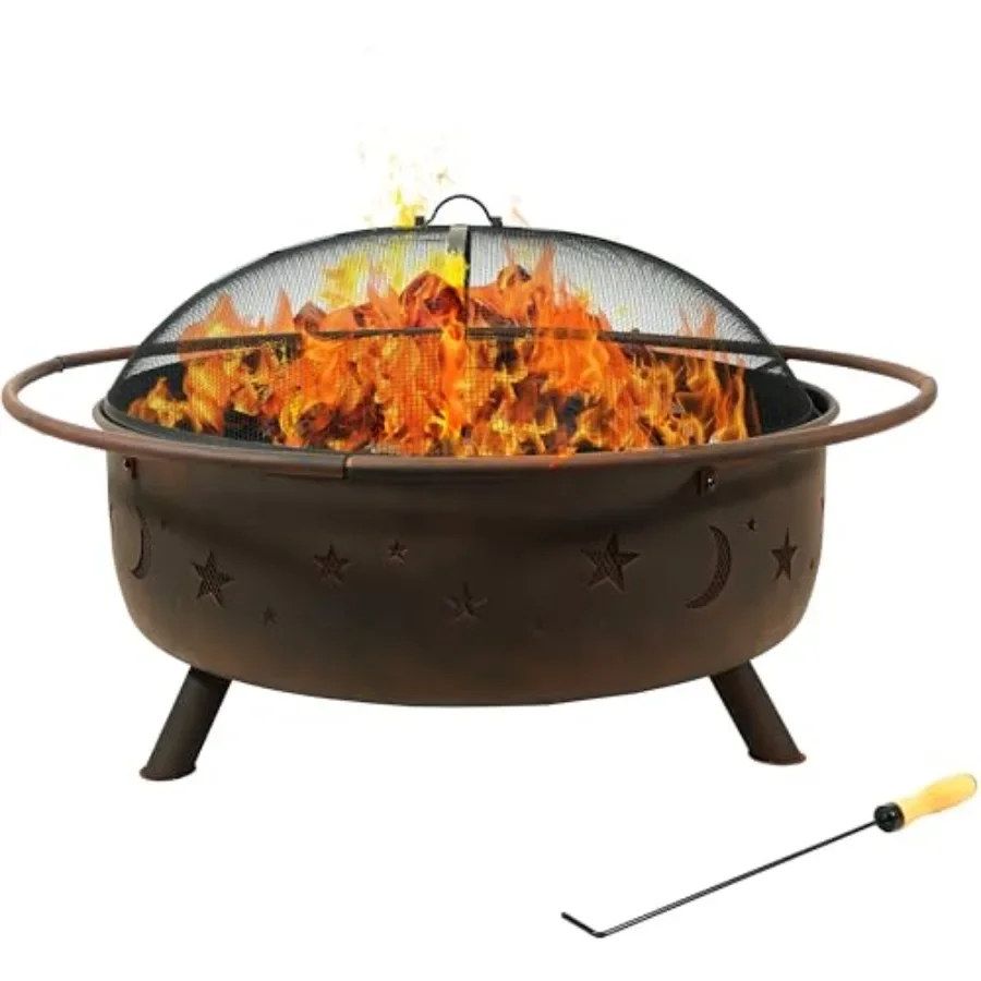 Outdoor wood-burning fire pit: 42-inch round metal fire pit in black, durable steel construction for backyard use