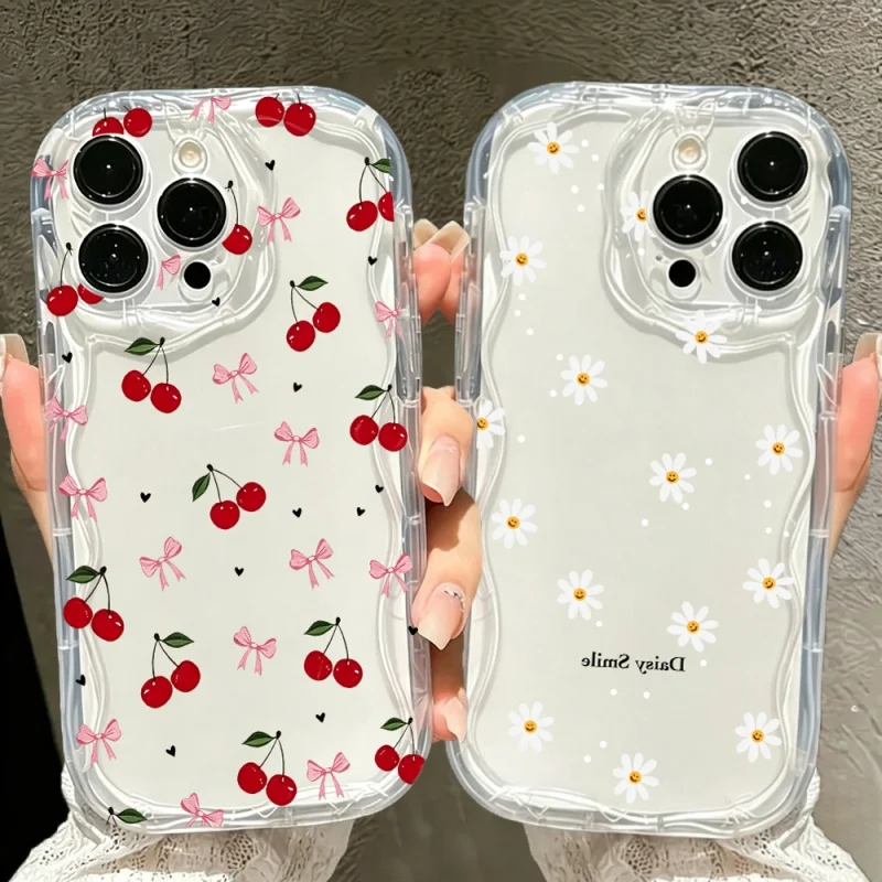 Red Cherry Clear Case For Samsung Galaxy S21 S20 Plus Ultra S23FE S24FE A52 M16 F06 A32 A31 TPU Cute Silicone Clear Wave Cover