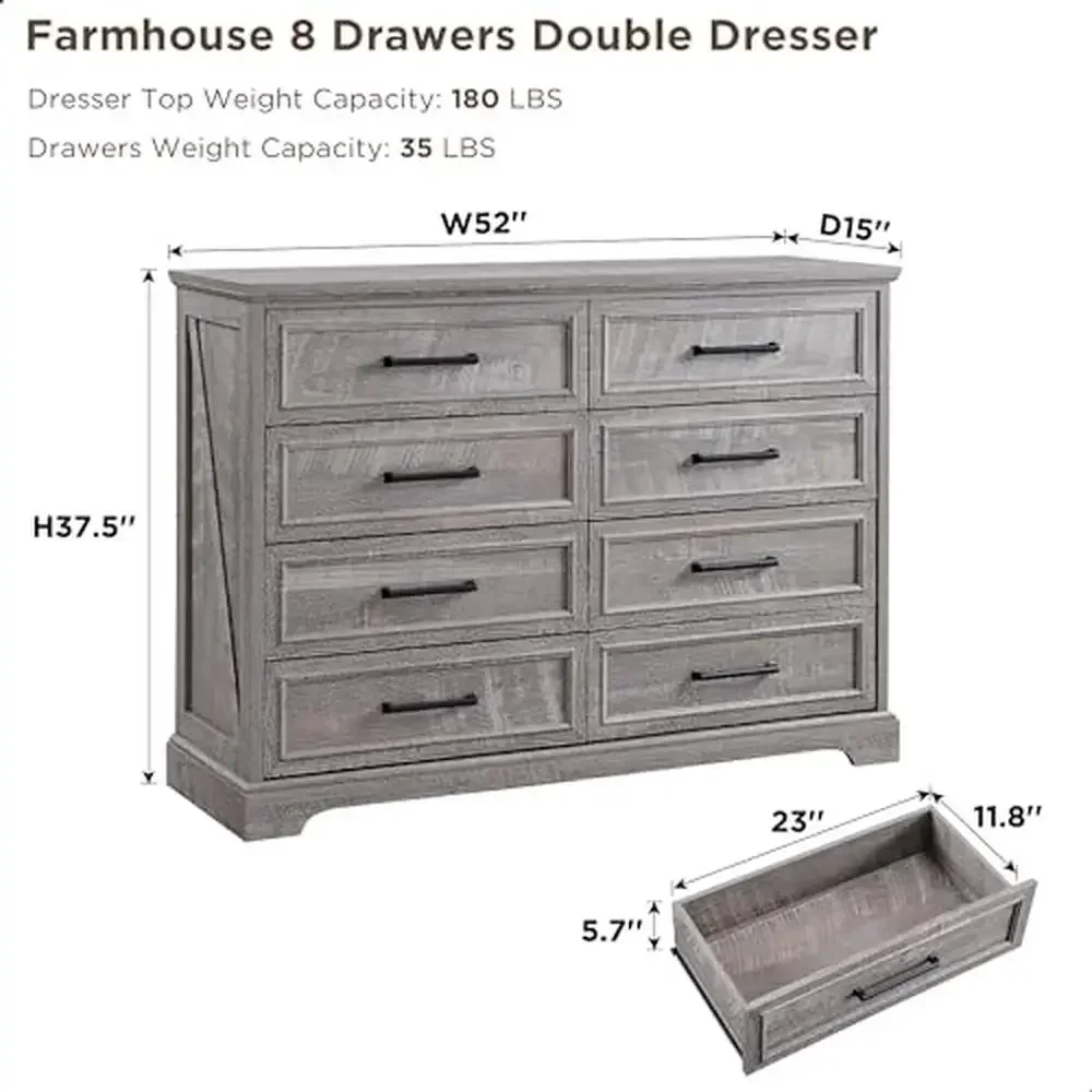 Rustic Wood 8 Drawers Dresser Chests Metal Handle Natural Texture Bedroom Farmhouse Farmhouse Storage Display Multifunction Easy