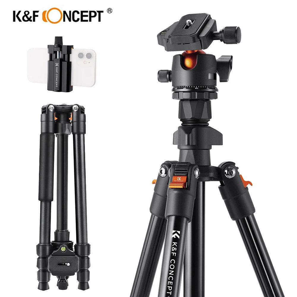 K&F Concept 64.96 Inch Camera Tripod for DSLR Portable Aluminum Travel Tripod 360 Degree Panorama Ball Head with a phone clip