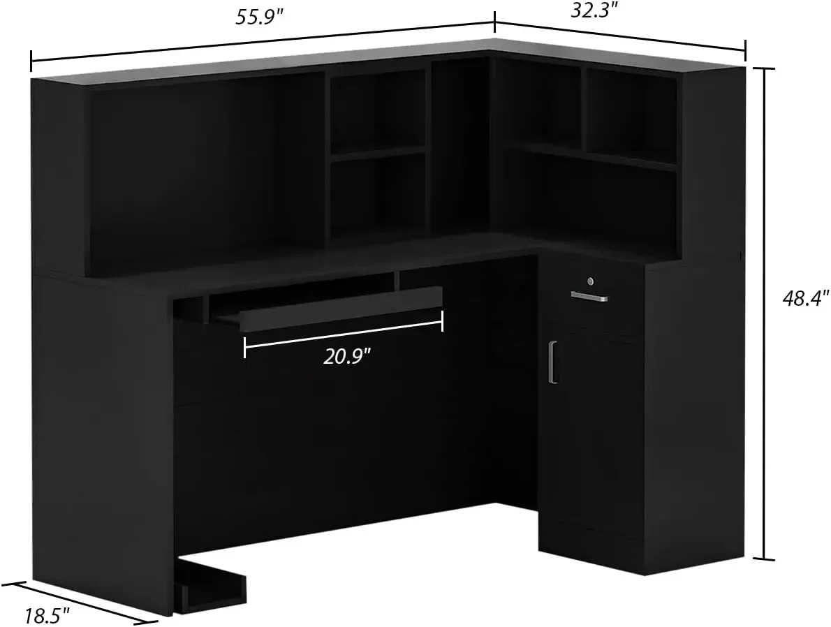 Reception Desk with Open Shelf & Drawers, L Shape Reception Table Wooden Computer Desk for Office Reception Room, Black