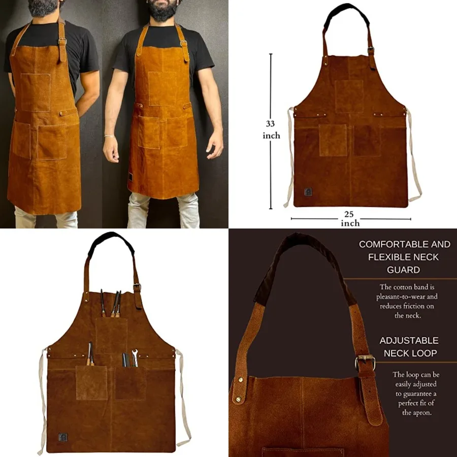 

RUSTIC TOWN Leather Grill Work Apron with Tool Pockets ~ Adjustable up to XXL for Men and Women ~ Leather Tool Apron