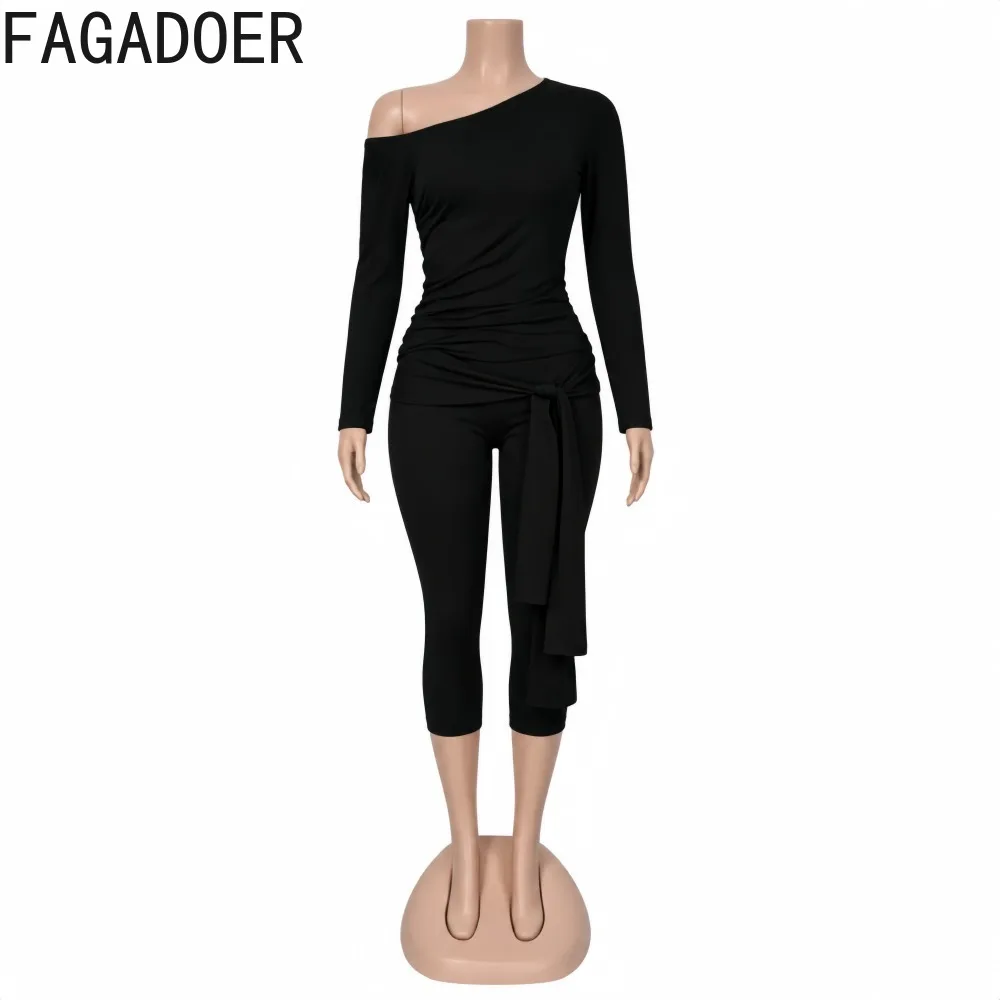 FAGADOER Women Fashion Two Piece Set Off Shoulder Long Sleeve Ruched Tie Top And Capri Pants Casual Bodycon Streetwear Outfit view 5