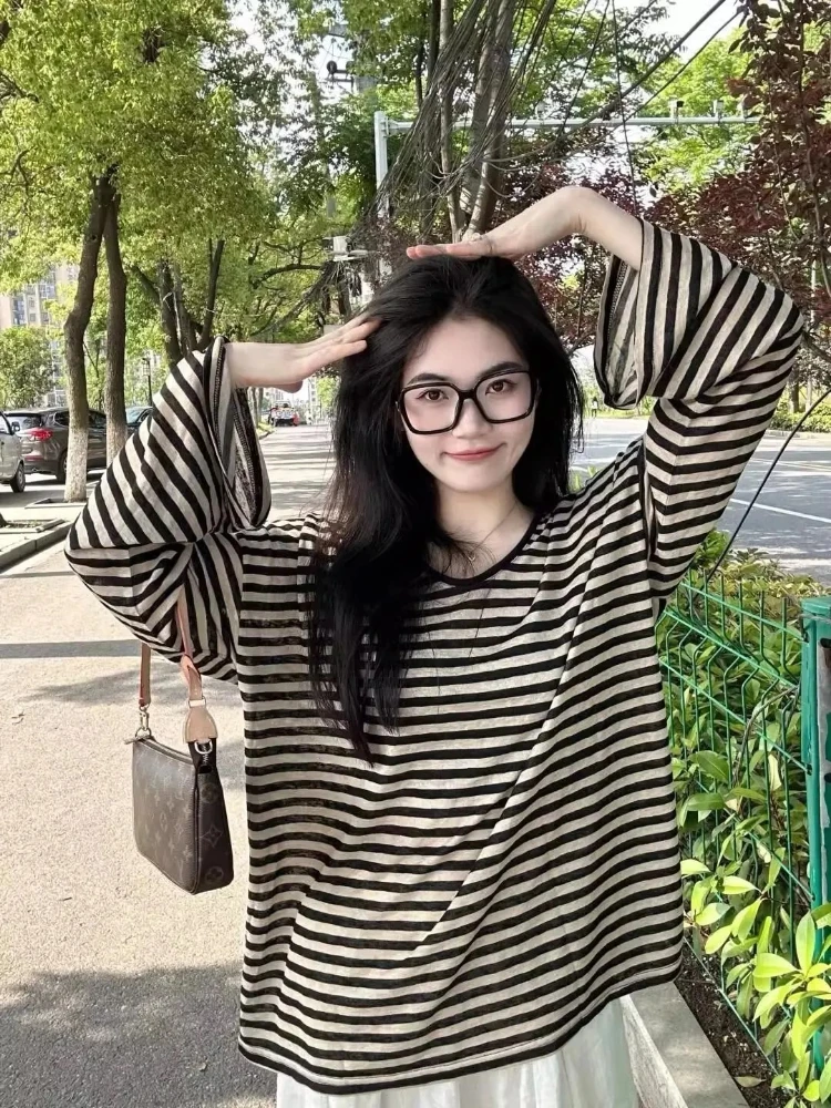 

2025 Casual Fashion Hoodie Sunscreen Outdoor Women Clothing Y2k Tops Preppy Style Korean Hoodies Striped Long Sleeve Sweatshirts