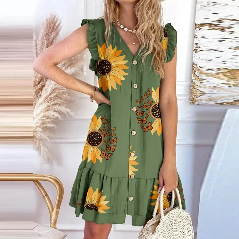 Dames Losse V-Hals Feestjurk Vintage Elegante Bloemenprint Korte Jurk Met Vliegende Mouwen Zomer Jurk Met Ruches En Enkele Rij Knopen