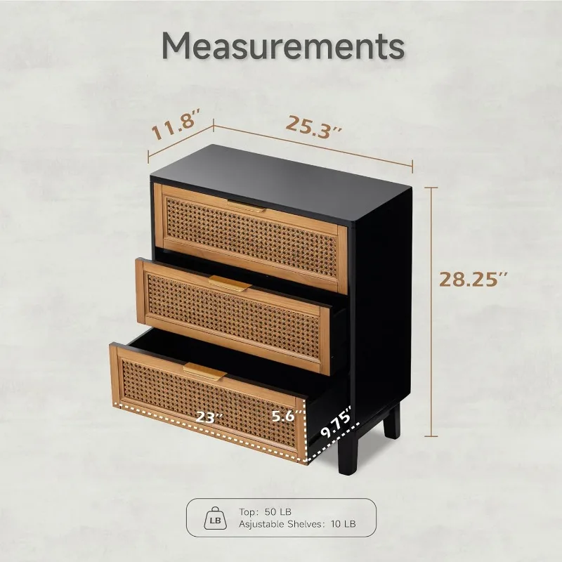 Farmhouse 3-Drawer Nightstand, Set of 2 Woven Cane Front Accent Dresser with Brass Pull, Fully-Assembled, Black，home.
