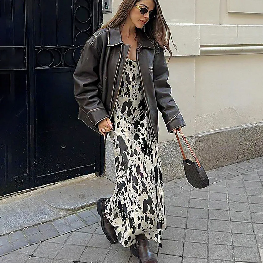 

Autumn Winter Sexy Design Printed Strapless Round-Neck Versatile Ankle-Length Dress, European And American Retro Fashion Evening