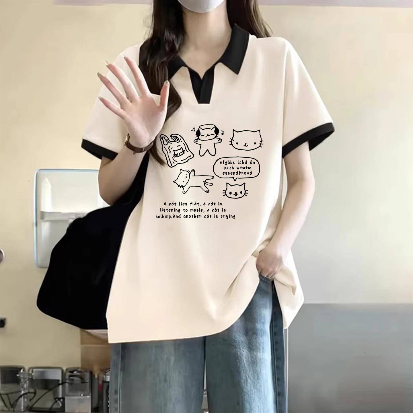 Loose Fit Pure Cotton  Neck Short Sleeve T-Shirt Women's Summer New Style plus Size Color Block Collar Top Korean Style