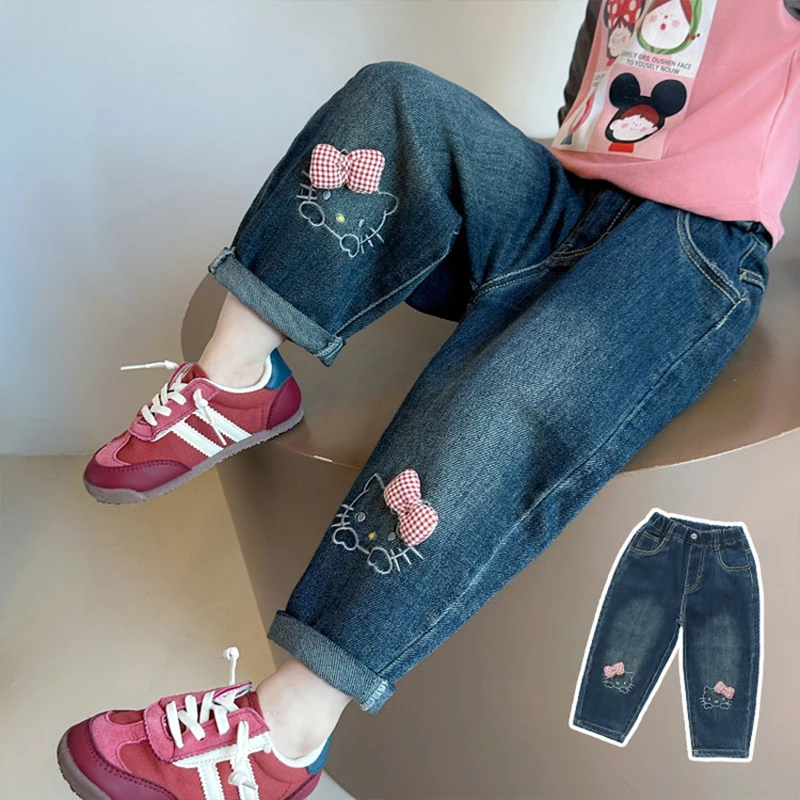 Spring Autumn Girls Denim Pants Fashion Cartoon Hello Kitty Loose Straight Casual Trousers For 2-8 Years Kids Children Clothes