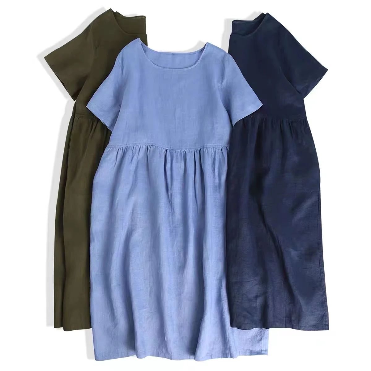 

Pure Linen Short Sleeve Dress Women Summer 2024 Sweet Forest System Doll Skirt Loose Wide Hem Cotton Linen Long Skirts