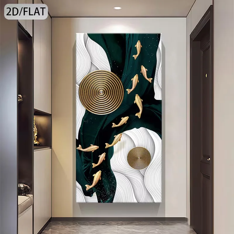 Large Canvas Wall Art Abstract Wall Decor Canvas Print - Black Green Golden Circular Design with Swimming Koi Fish, Modern Home