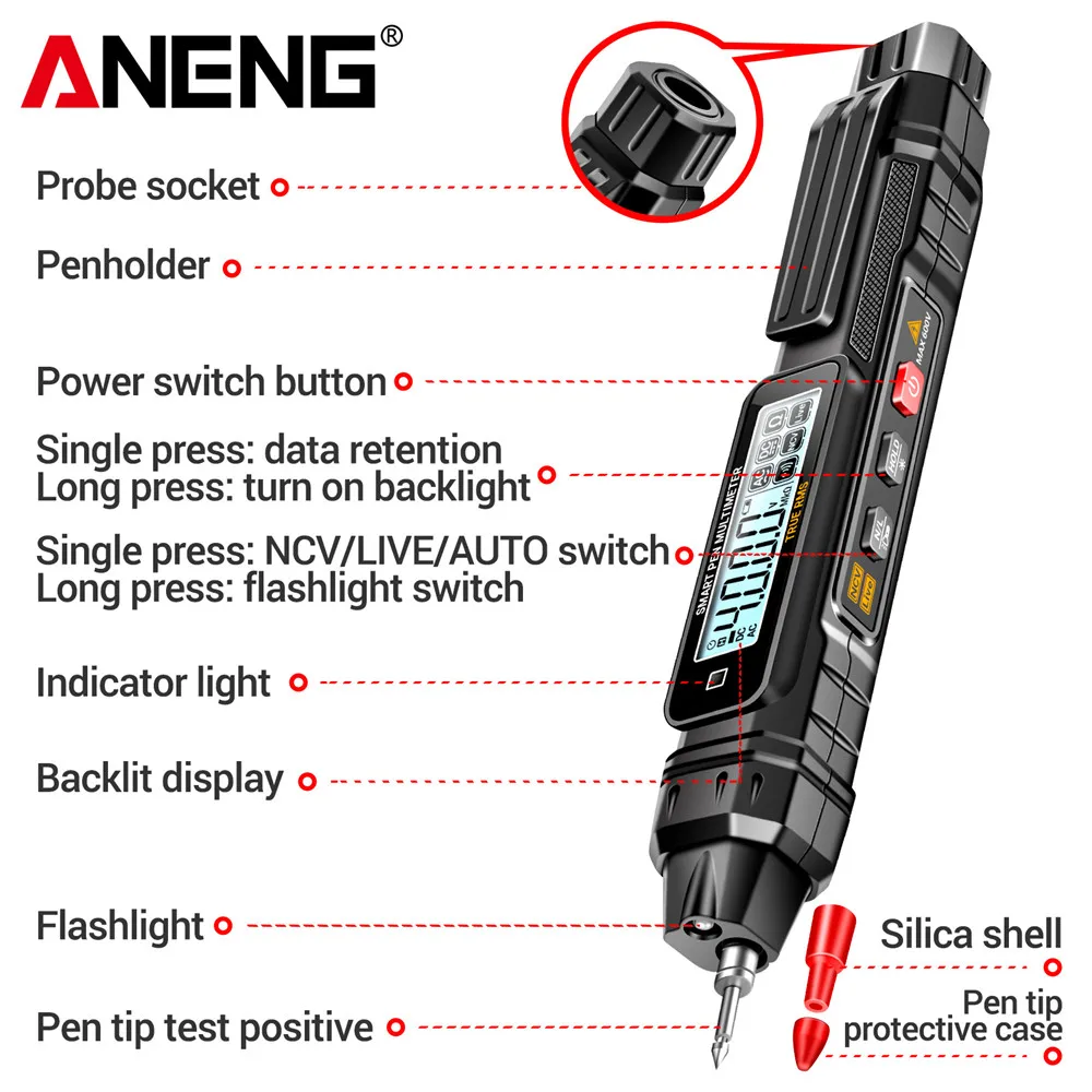 ANENG A3005 AC/DC Voltage Resistance Capacitance Hz Tester 4000 Counts Multifunctional Pen Meter Non-Contact Auto for Lab Home