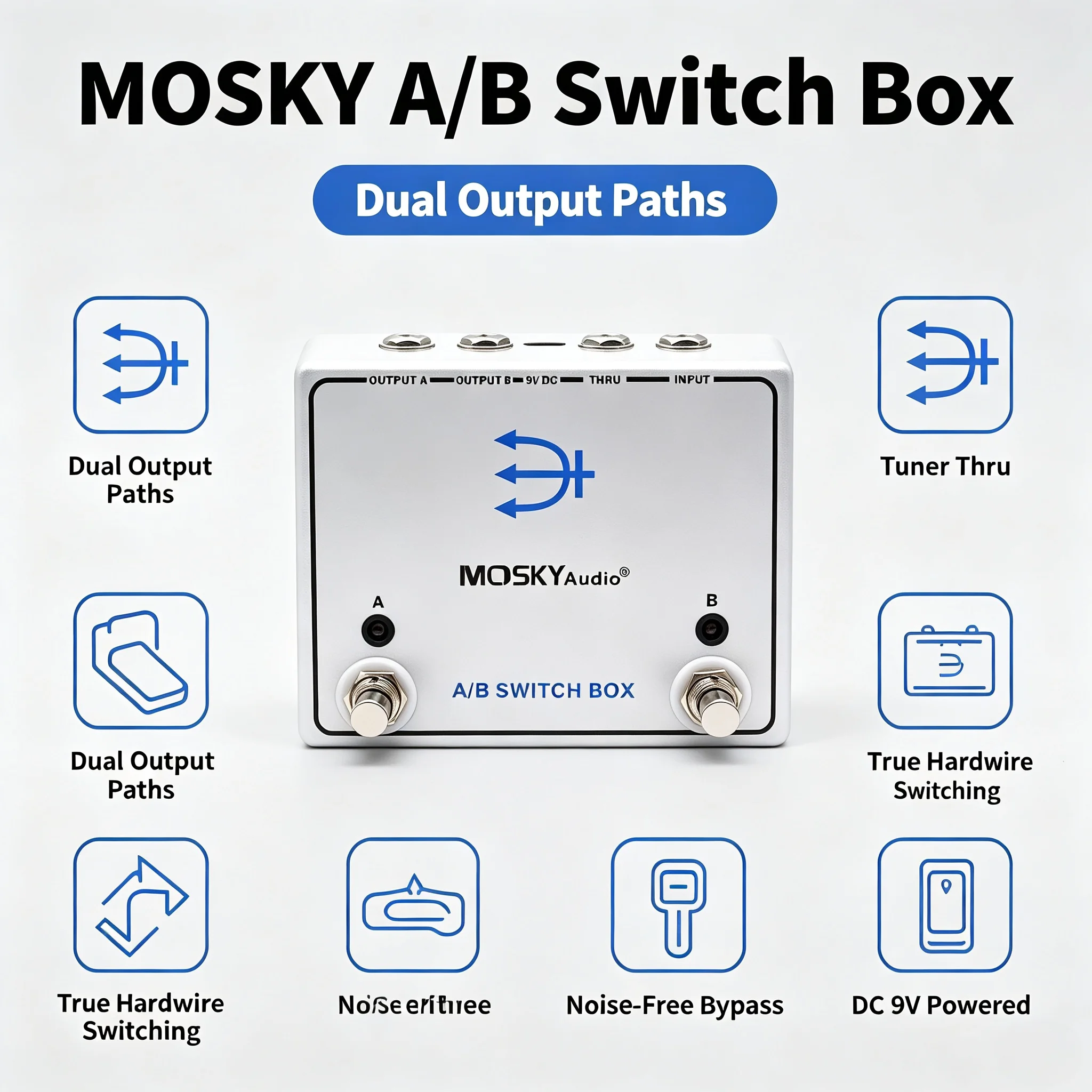MOSKY A-B Switch Box Channel Selector Guitar Pedal AB Switcher True Bypass with 2-Output Tuner Out Bass Effect Loop