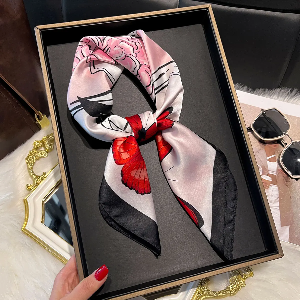 2025 New Luxury Fashion Butterfly Flower Print Silk Scarf Women Soft Hairband Neckerchief Tie Female Headband Foulard 70*70cm