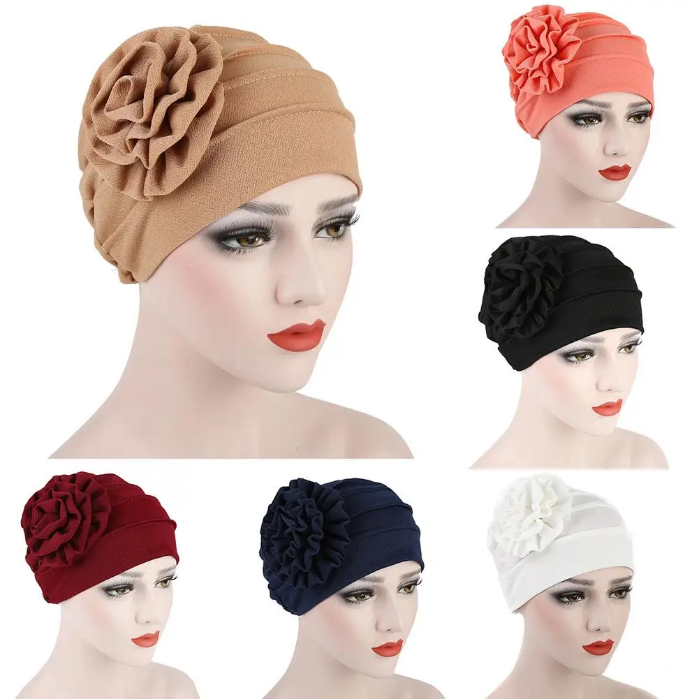 

India Hat Female Headwrap Side Flower Beanie Cap Turban Hat Stretchy Soft Muslim Turban Hat Hijab Caps Headwear Women Hat