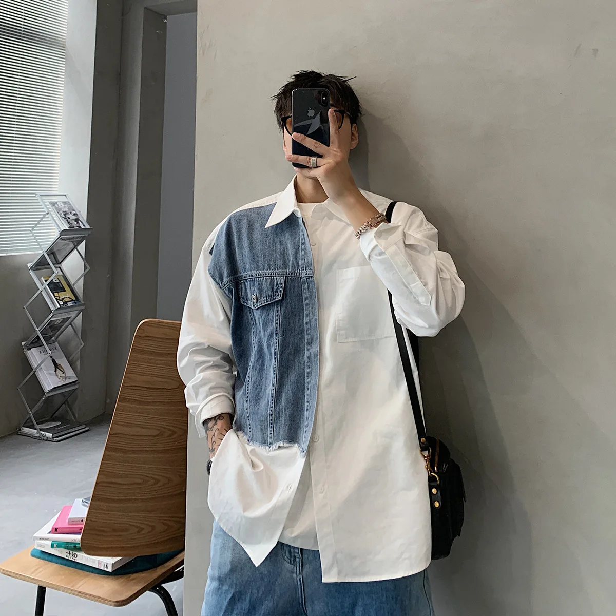 Heritage Denim Shirt Relaxed Silhouette Colorblocking Shirt Retro Contrast Patchworked Shirt Contemporary Extra Denim Jacket