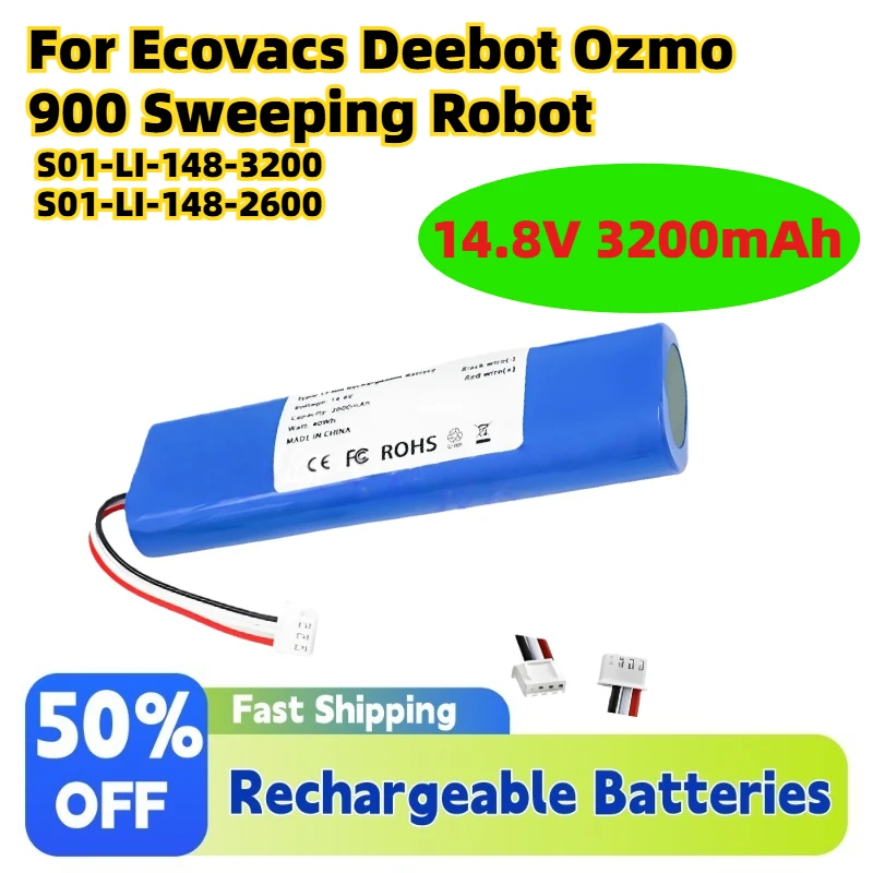 14.8V 3200mAh S09-LI-148-3200 Rechargeable Battery for Ecovacs Deebot Ozmo 900 Sweeping Robot S01-LI-148-3200 S01-LI-148-2600