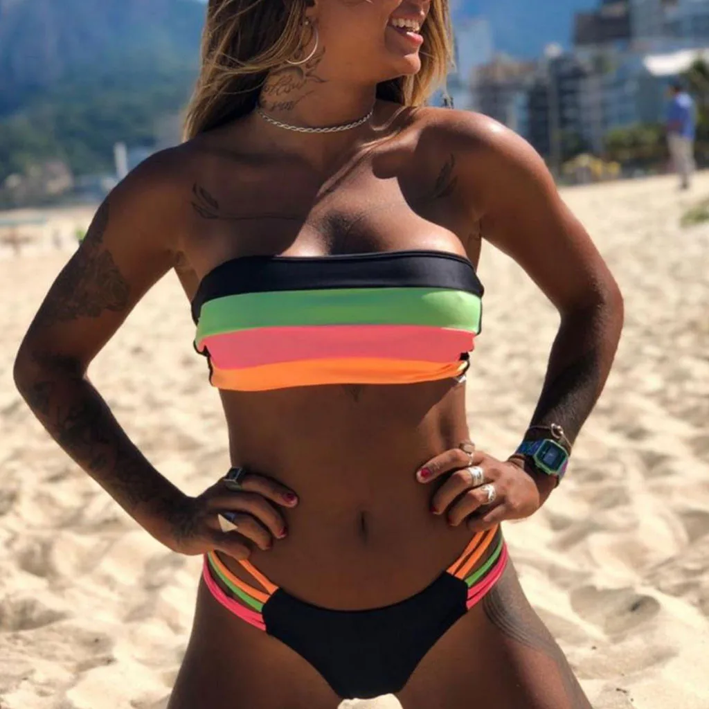 

Bathing Suit Women Push-Up Swimwear New Colored Stripes Padded Strapless Bikini Set Summer Swimwears Tankinis Set Bikini Bottoms