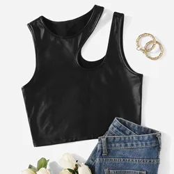 Leather Tank Crop Tops Womens Sleeveless Strappy Patent Leather Vest Cropped Clubwear Black Summer Skinny Camis Elastic Tanks