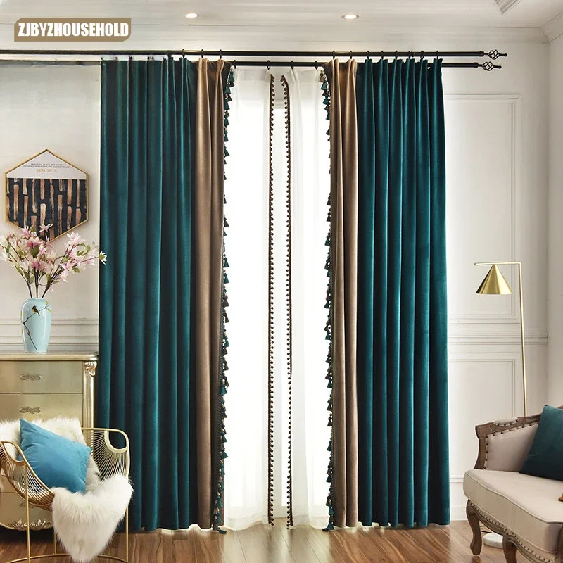 

Luxury Curtains for Living Dining Room Bedroom Velvet Peacock Green Blue Colour Blocking Study Floor To Ceiling Floating