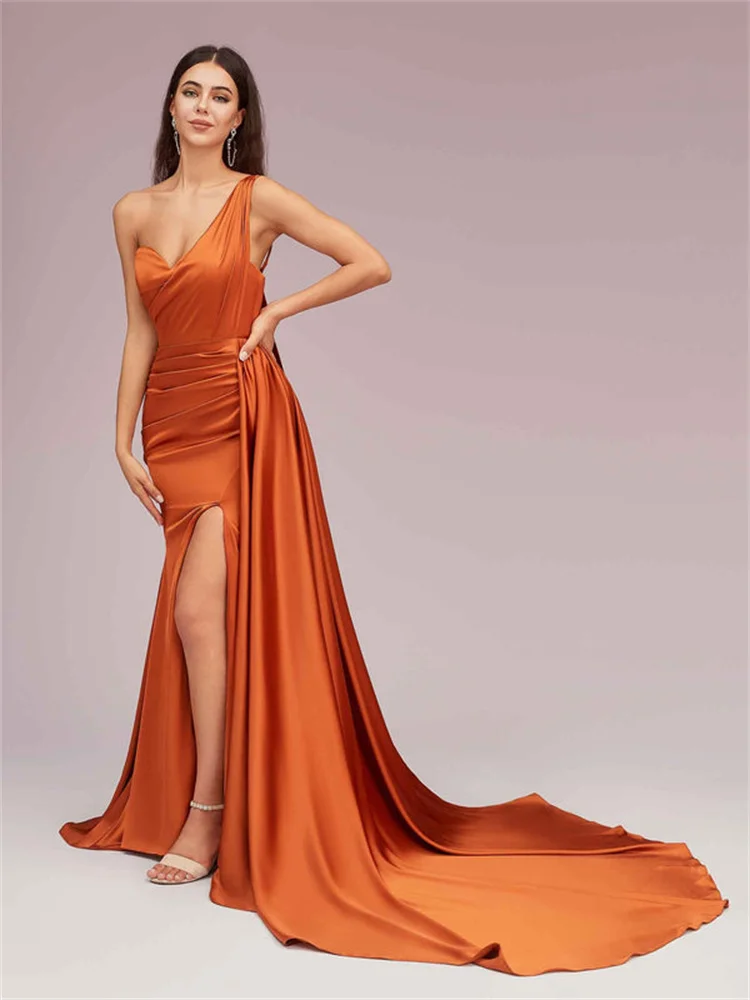 New Arrival One Shoulder Neckline Sleeveless Satin Mermaid Evening Dress Back Zipper Floor Length Sweep Train Gown For Women