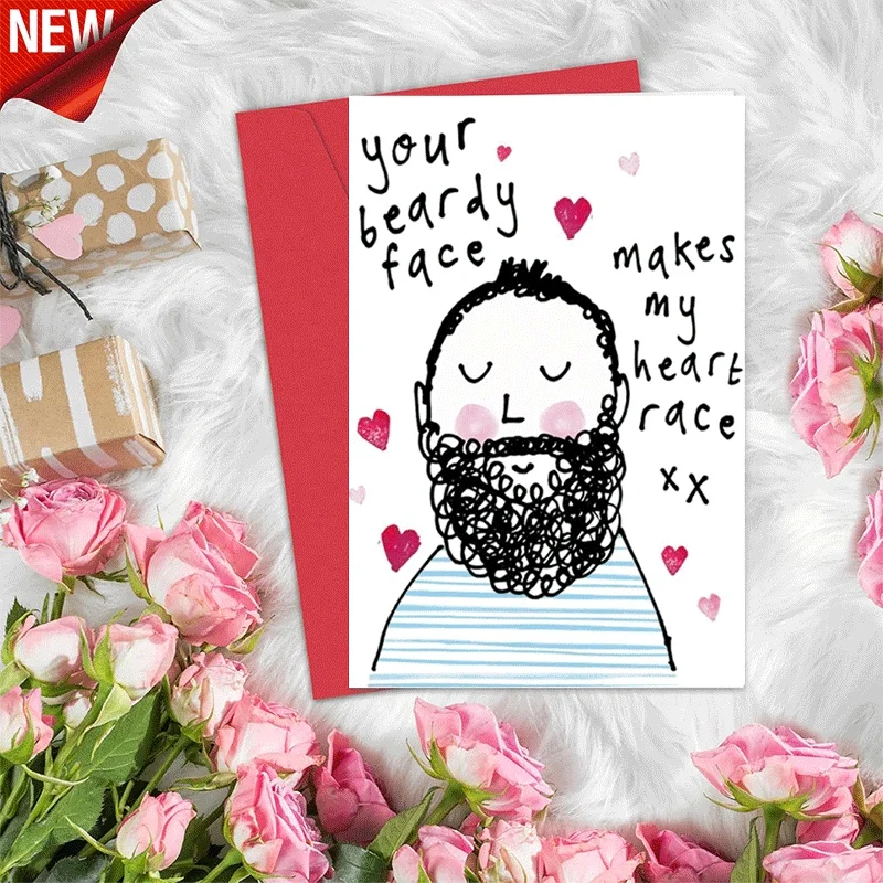 

Поздравительная открытка Beardy Face Heart Race, романтическая открытка на тему любви для парня, мужа, на День святого Валентина, на годовщину