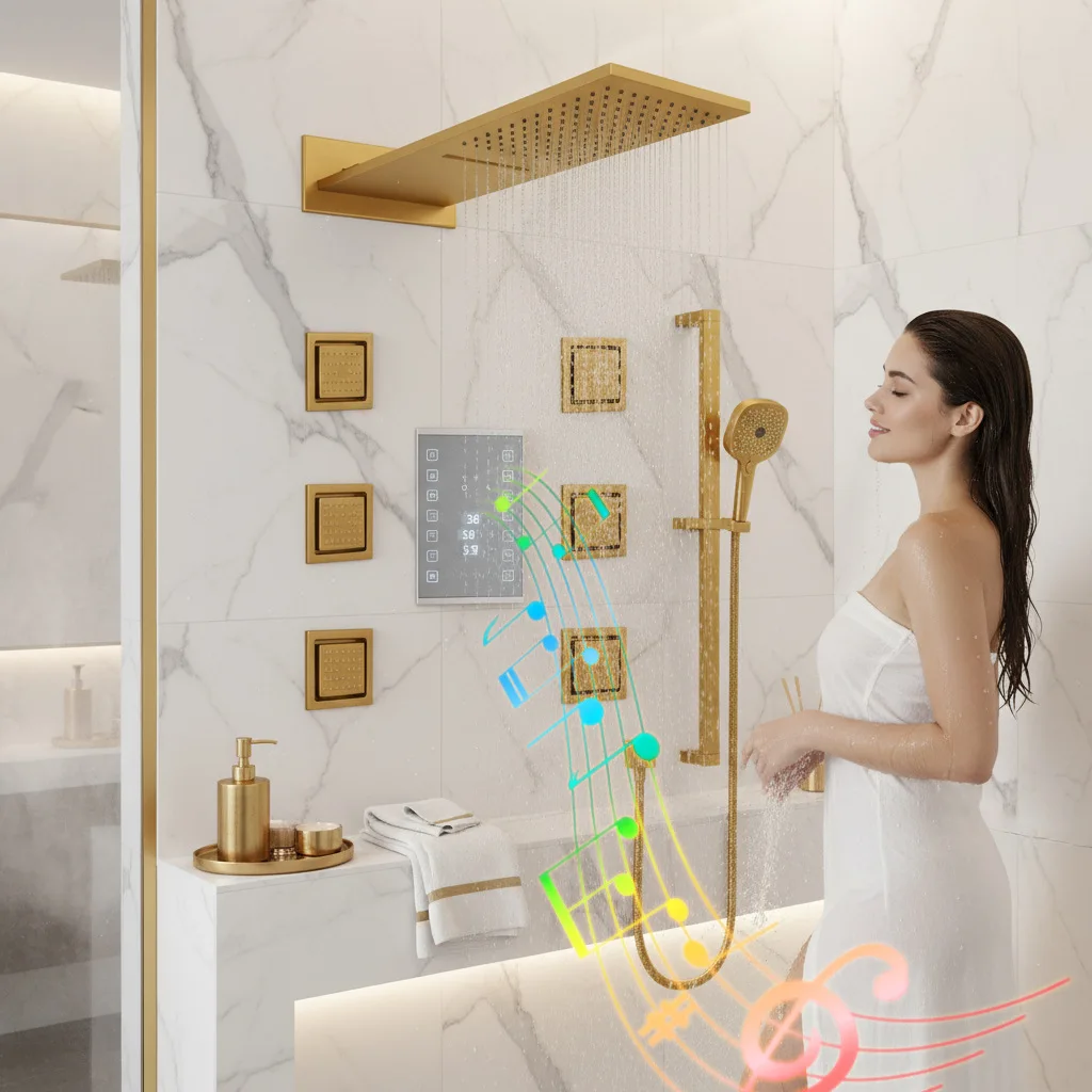 Smart Concealed Shower Kit, Digital Display Thermostatic, Bluetooth Music Speaker, 2 Function Embedded Rain Head