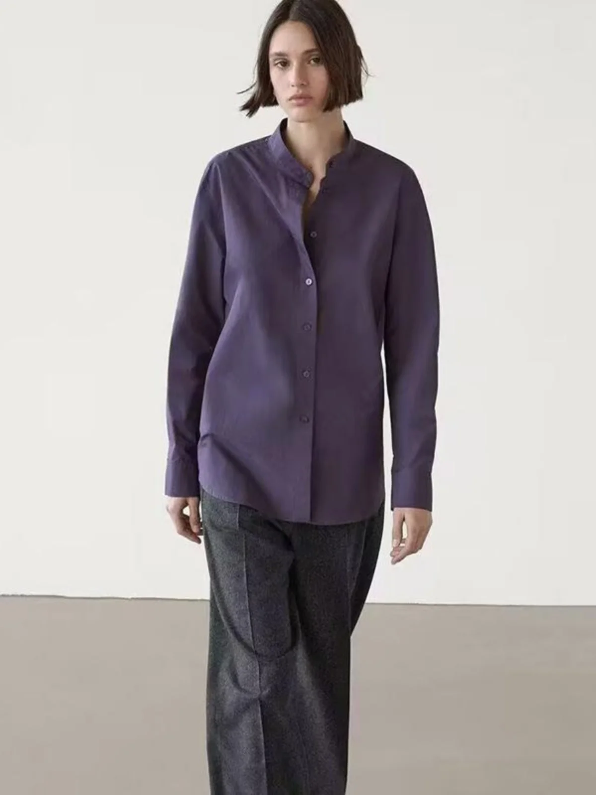 

Новая осенне-зимняя женская блузка MD Fashion Commuter с длинным рукавом, хлопковая, фиолетовая, с воротником-стойкой, высокое качество, французский стиль