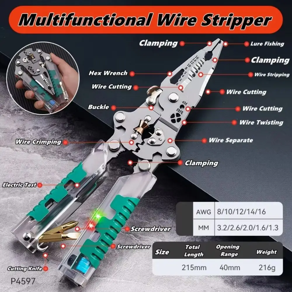 Multifunctional Foldalbe Wire Stripping Pliers with Voltage Test Folding Voltage Test Pen Safe Thickened Electrician Pliers