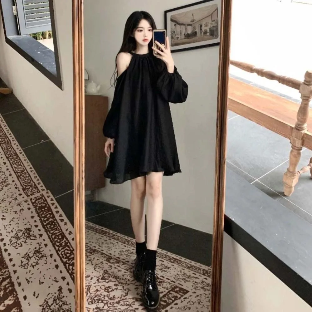 

Элегантное мини-платье с рукавами-фонариками и открытыми плечами в корейском стиле, тонкое, с завязками на шее, пляжное, А-силуэт, короткая юбка для женщин