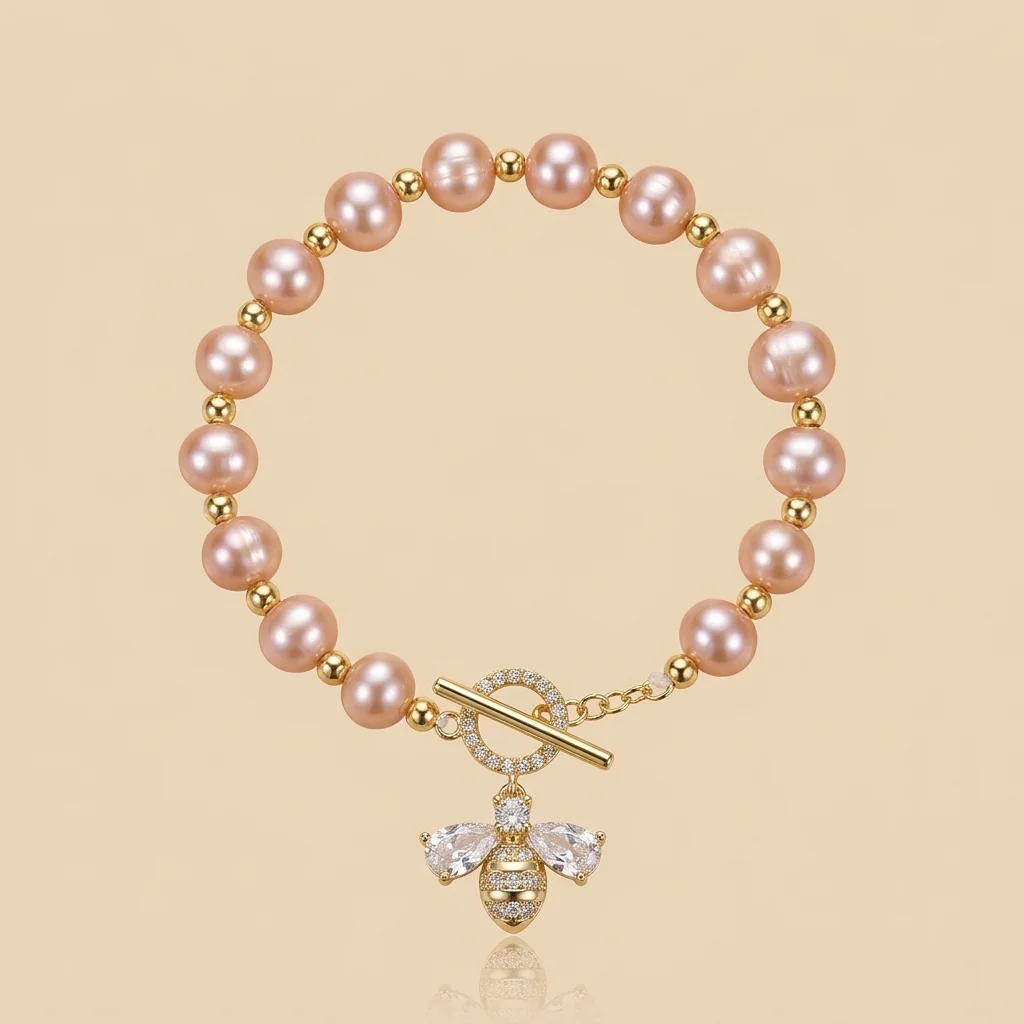 

French-style fashionable and elegant jewelry, luxurious and noble design, 7-8mm freshwater pearl bee bracelet