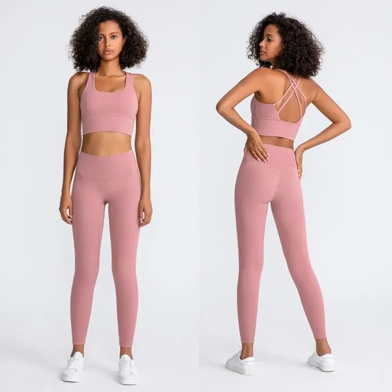 Naked Feel Yoga Set Women Fitness Sportswear 2 Piece Strappy Sports Bra High Waist Gym Leggings Workout Outfit Active Wear