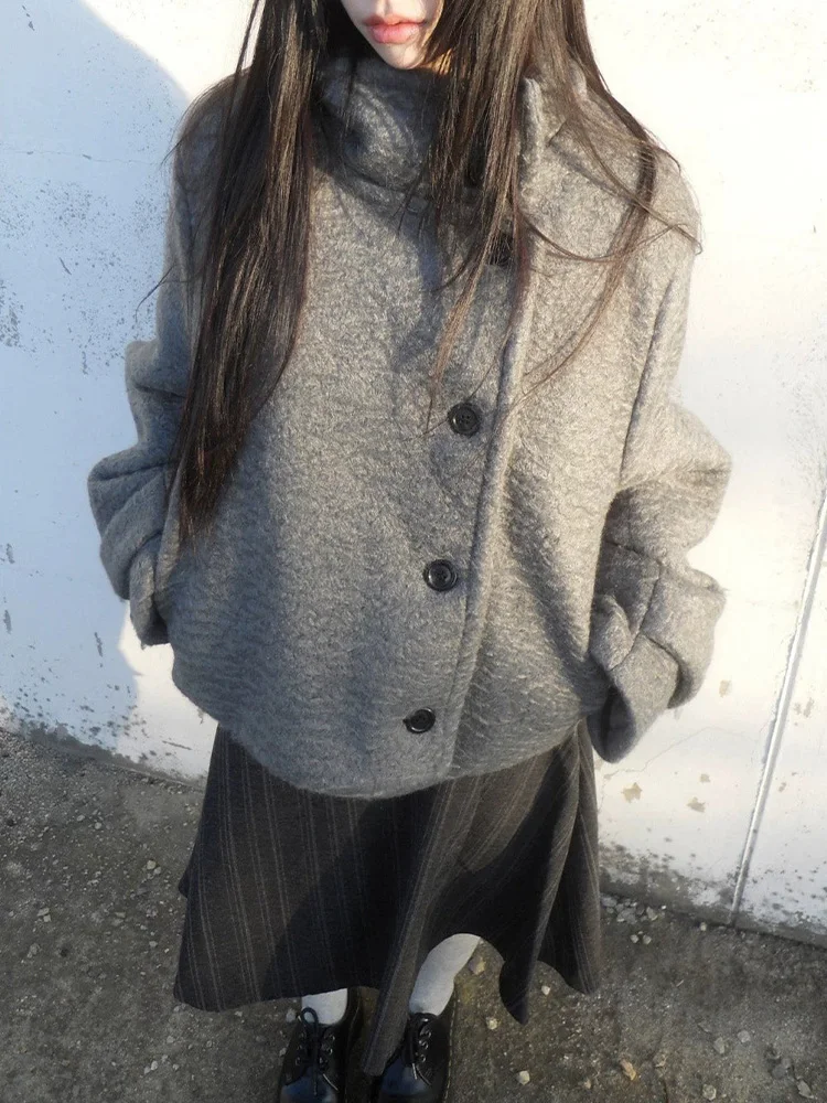 Winter Women Korean Minimalist Streetwear Grey Sherpa Fleece Asymmetric Buttoned Stand Collar Relaxed Fit Long Sleeve Jacket