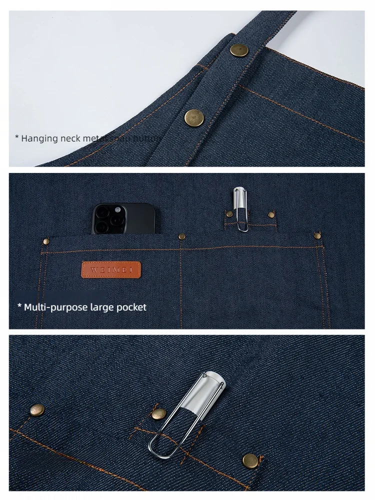 Durable Denim Hanging Neck Chef Apron for Dining West Restaurant Coffee Master Milk Tea Shop Supermarket Staff Uniform