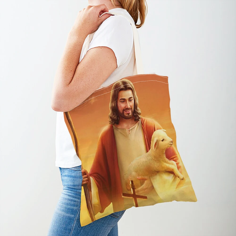 Holy Light Leader Canvas Shopping Bags Christ Jesus Double Print Lady Shopper Bag Vintage Cartoon Savior Tote Shoulder Handbag