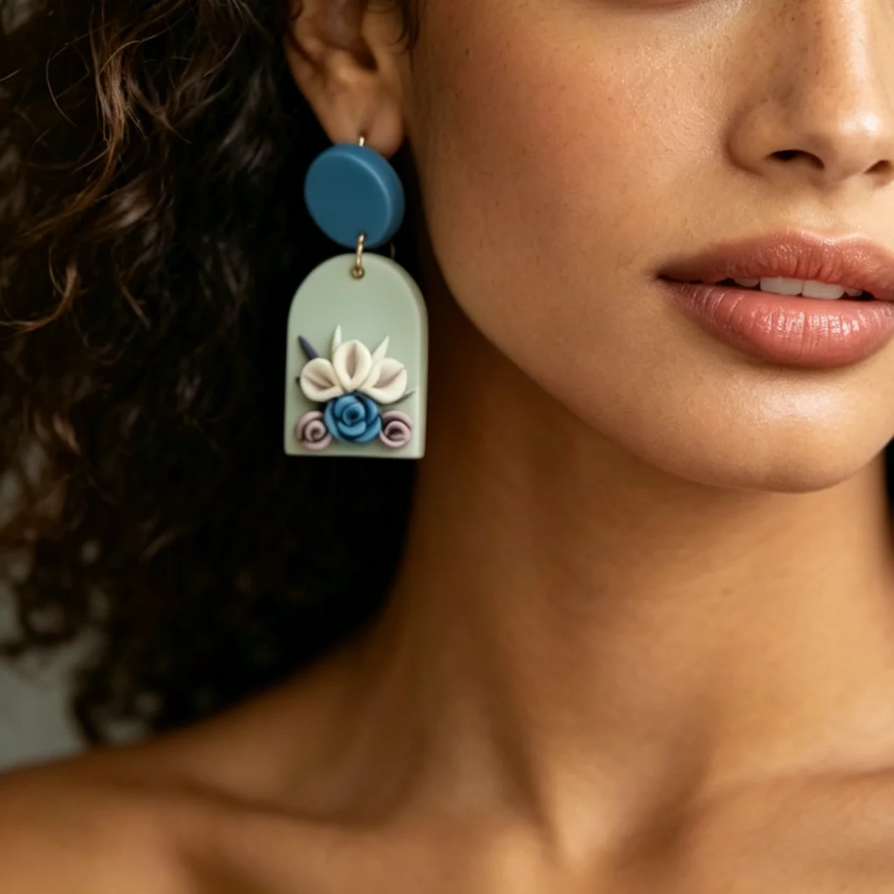 Elegant 3D Sculpted Floral Clay Earrings Nude Beige Arch Dangle with Textured Stud Romantic Cottagecore Accessories Aesthetic