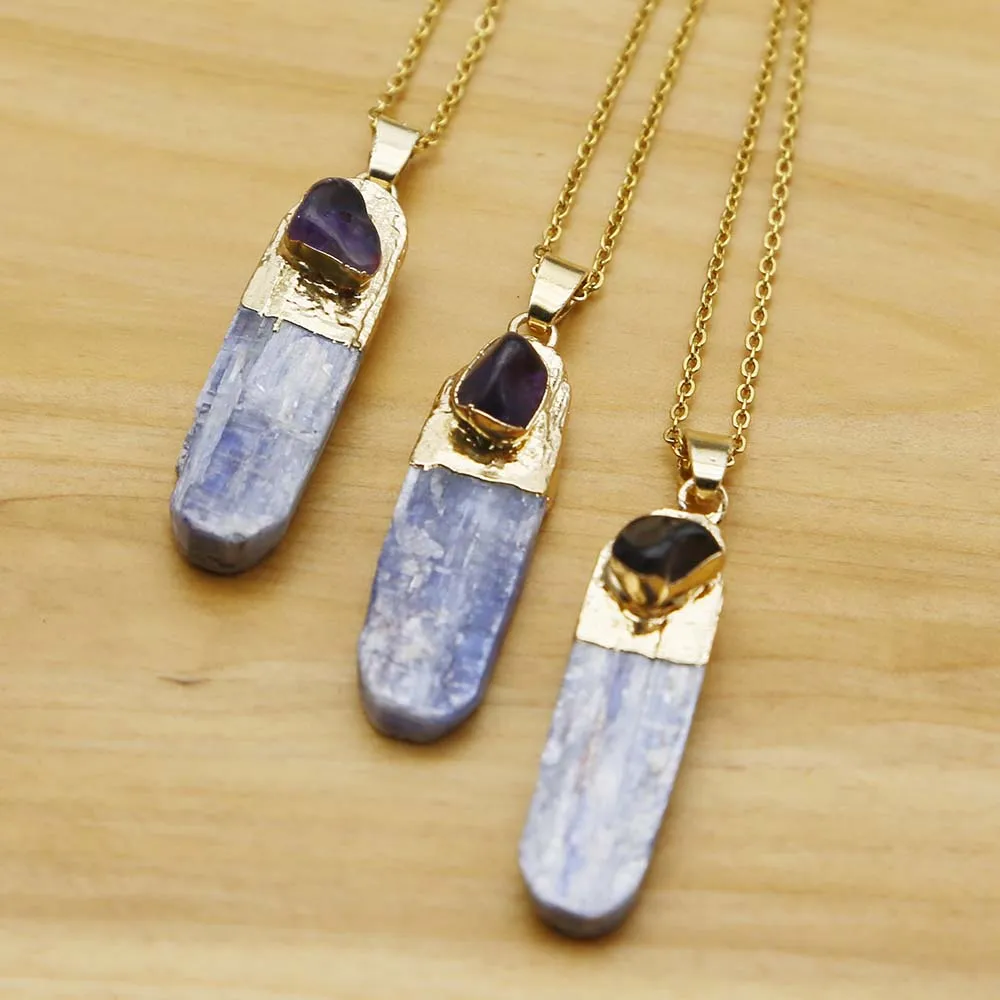 Natural Stone Blue Crystal Strip Electroplating Gold Irregular Amethyst Pendant Stainless Steel Chain Necklace Jewelry Gift 4PCS
