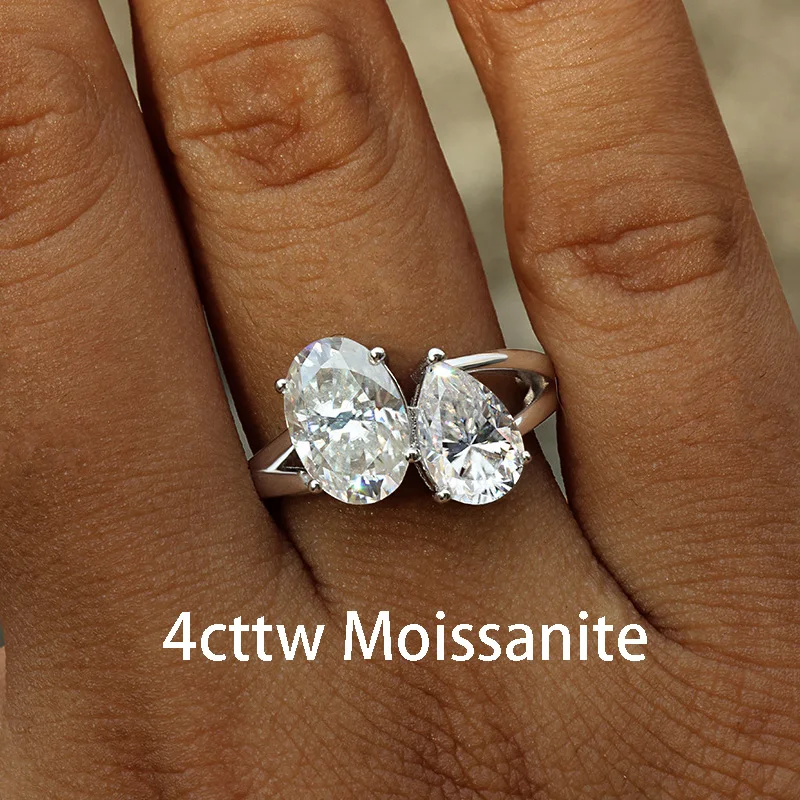 CEICI 4cttw Oval/Pear Cut Moissanite Rings S925 Silver Plated 18K Gold 2-Stones Wedding Band For Women Fine Jewelry Gift