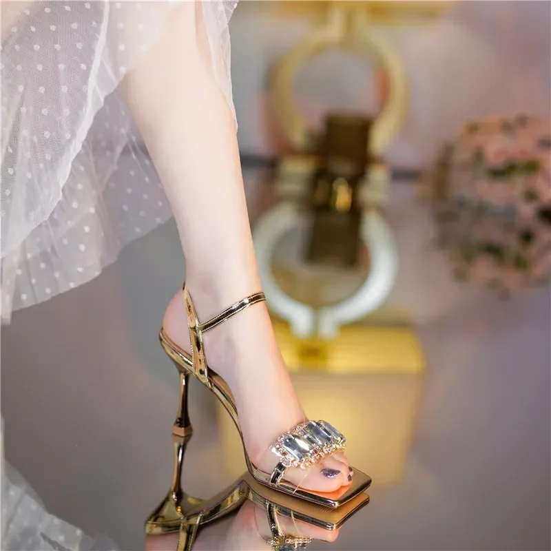 Gold Silver High Heels Sandals Women 2024 Summer Square Toe Shiny Crystal Sandals Woman Ankle Straps Thin Heel Party Pumps Shoes