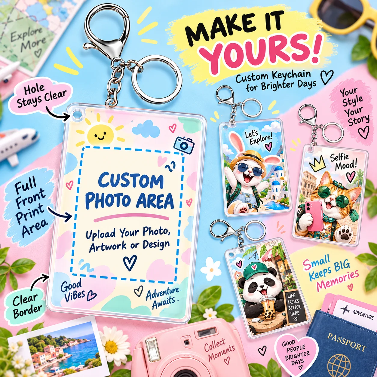 Custom Acrylic Rectangular Keychain Personalized UV Print Picture Frame Key Ring for Women Men Bag Pendant Gift Decor