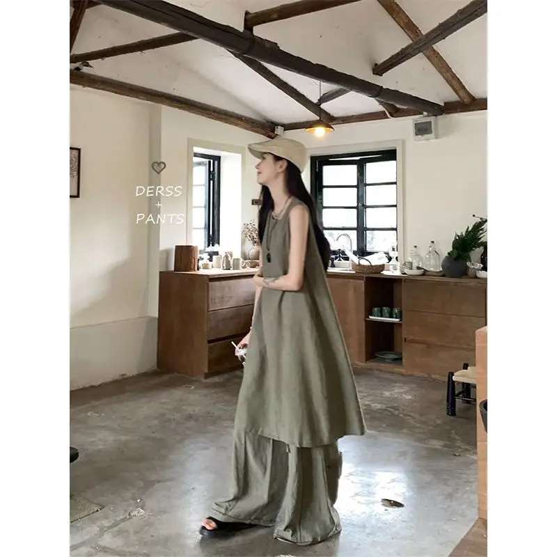 

Lazy Style Designed Fashionable Temperature High-end Loose Vest Dress and High Waist Wide-leg Casual Pants Two Piece Set Women